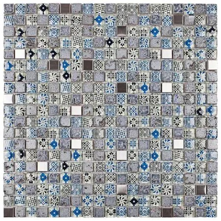 Pastilha de Mármore, Vidro e Metal Machu Picchu cor Azul c e metal placa de Tela (1,5x1,5 cm)