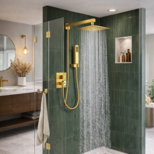 Chuveiro Lablanco em Aco Inox 304 Square – 300x300mm Desviador Gold