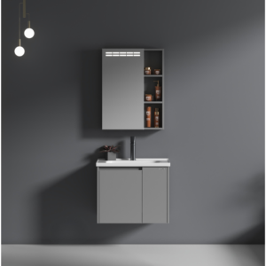 Gabinete Banheiro com Espelho, Pia e Armario Cinza