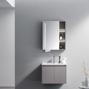 Gabinete Banheiro com Espelho, Pia e Armario Cinza Claro